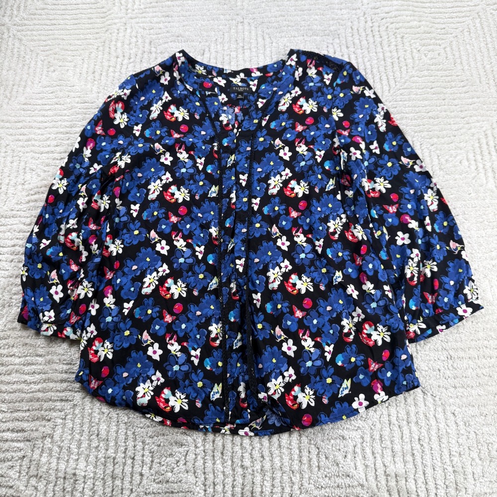 Talbots Floral Butterfly Blouse Womens MP Blue Cottagecore Boho Office Feminine